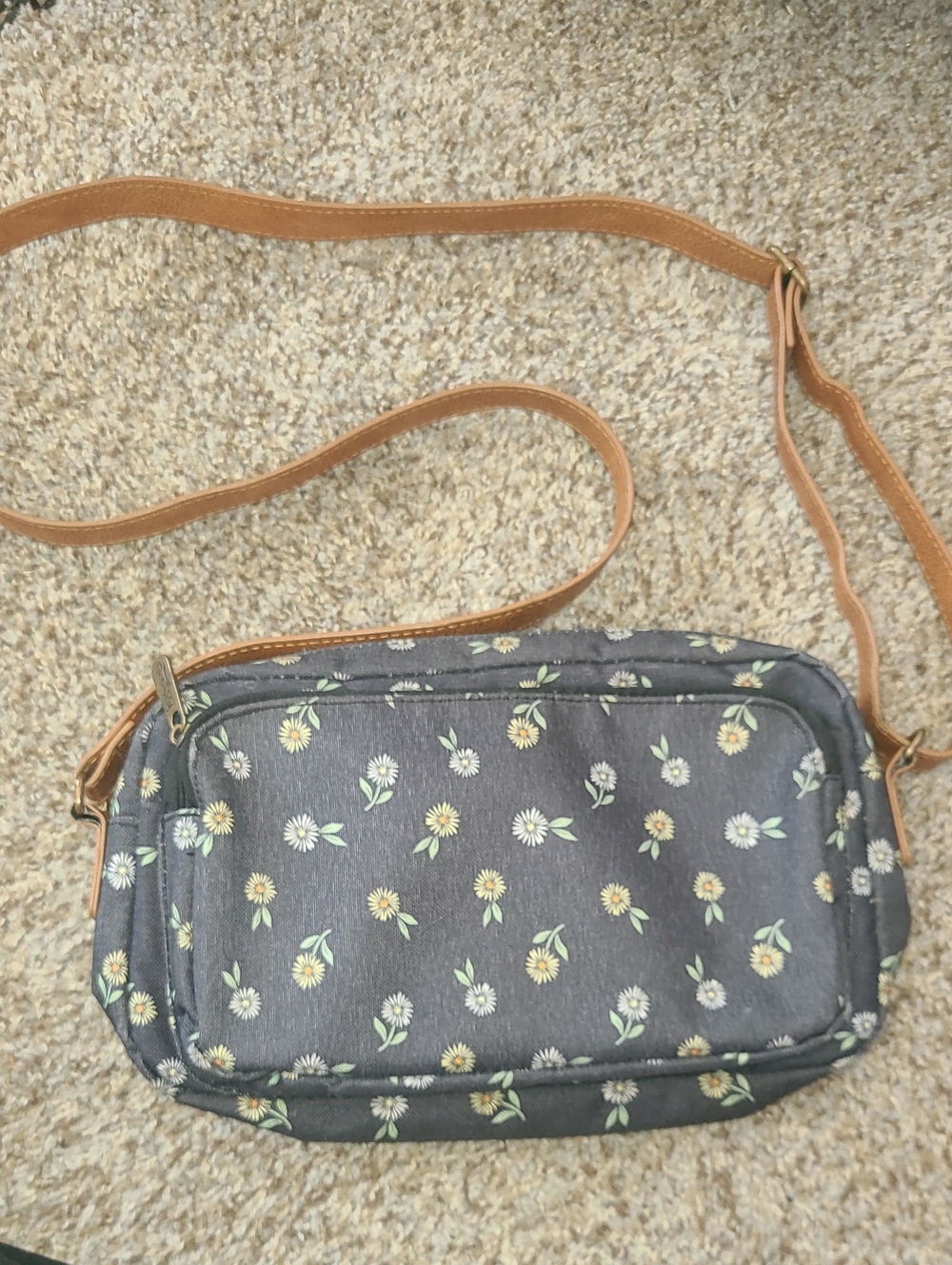 thirty-one Charcoal Floral Crossbody with Tan Strap